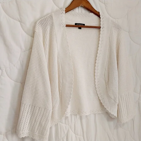 Vintage Notations Womens Size 3X Crochet Knit White Crop Open Cottage Cardigan - Picture 3 of 11
